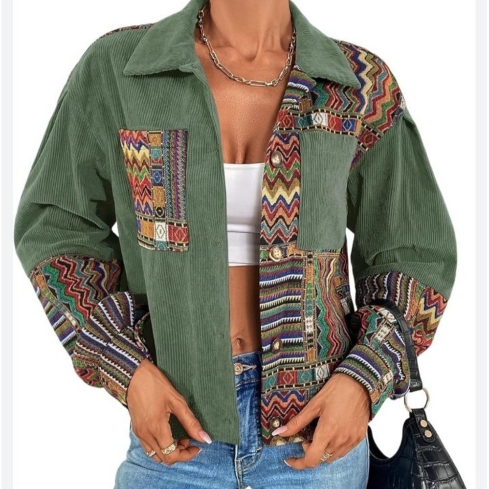Gypsy Rose Patchwork Corduroy Shein Jacket Boho Festival Geo Medium Green